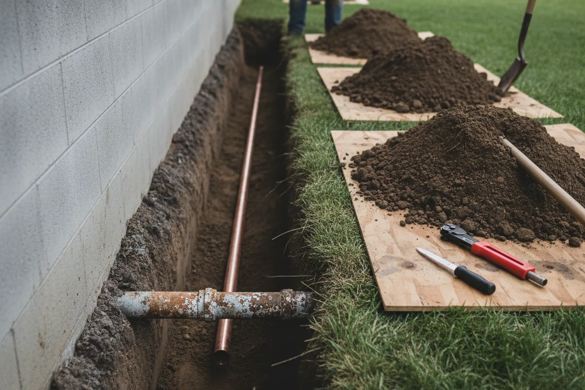 Excavated water line trench during Water Heater Repair in Sturgeon Lake